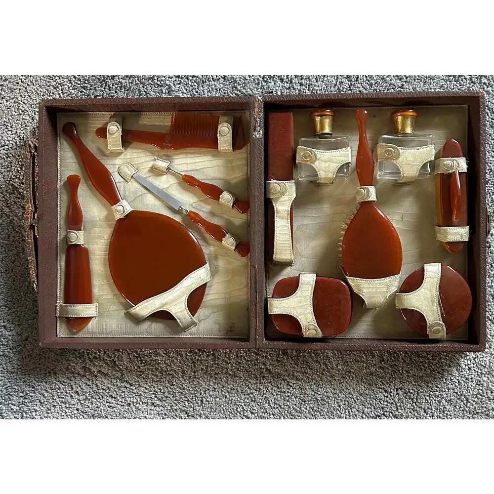 Signed Agalin Bakelite Yrvl Vanity Set /Rare Antique 1920s Art Deco Grooming Kit